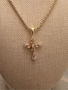 Gold Cross Pendant Necklace with Pink Stones